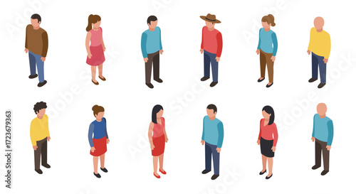 Diverse group of people standing in isometric style on white background