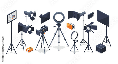 Professional film equipment set with lights and accessories in isometric style