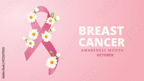 Breast cancer awareness month motion graphic design on pink background with text and ribbon decoration