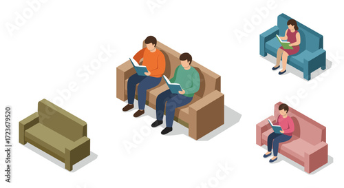 Isometric people reading on colorful sofas: cozy home leisure scene