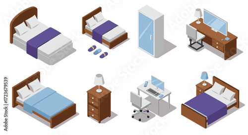 Modern bedroom furniture set in isometric design with beds, desks, and wardrobes