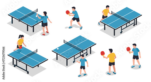 Isometric table tennis players in action with paddles and tables on white background
