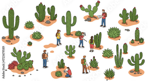 Isometric adventurers exploring desert landscape with cacti and succulents