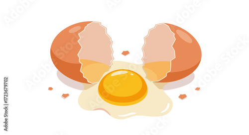 Cracked egg with yolk and shells on white background in flat design
