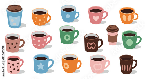Colorful coffee mugs with patterns on white background