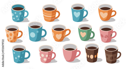 Colorful coffee mugs with heart and polka dot patterns on white background