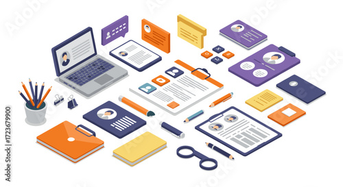 Modern isometric office workspace with technology and document elements in vibrant colors