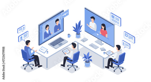 Virtual team meeting in modern office with online communication elements