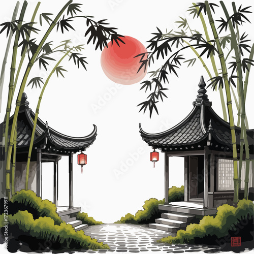 Tranquil Pagodas at Sunset Serene Bamboo Courtyard at Sunset