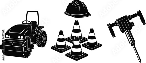 Construction silhouette set with road roller, traffic cones, jackhammer, and safety helmet in black for roadwork and engineering themes