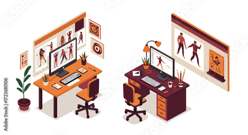 Modern workspace design featuring isometric home office setup with dual screens and stylish decor