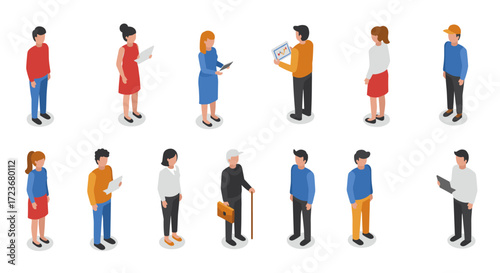 Diverse group of isometric people engaged in work and social activities
