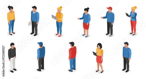 Diverse isometric characters engaging in various tech and business activities