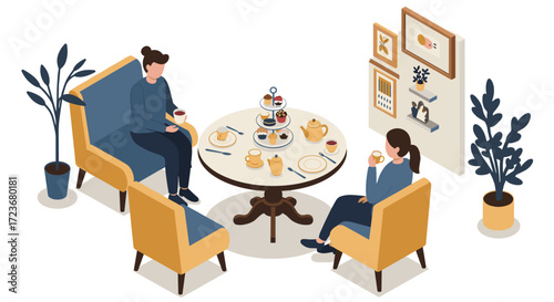 Cozy cafe scene with friends relaxing and enjoying tea and pastries in isometric style