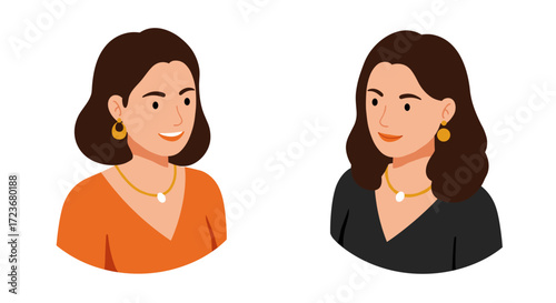 Cartoon style women portraits with jewelry in orange and black outfits