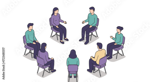 People sitting in a group circle discussing ideas in isometric style on white background