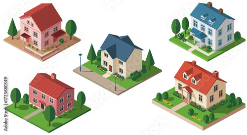 Charming residential houses in isometric style with gardens and trees
