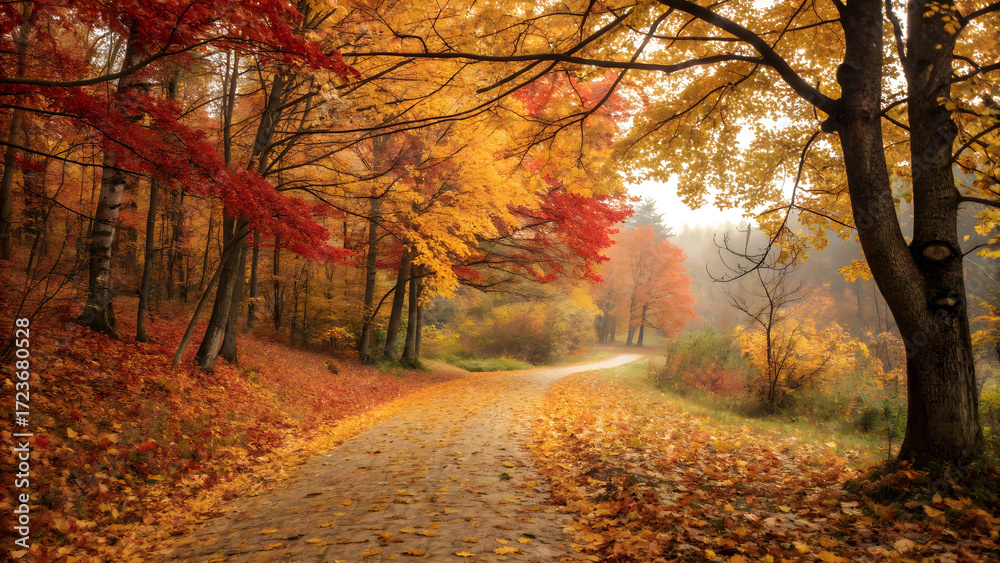 Fototapeta premium Winding path through autumn woods with vibrant red and yellow foliage full hd 4k stock image download