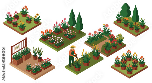 Isometric garden design with raised beds and colorful flowers