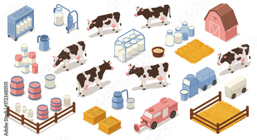 Isometric dairy farm elements with cows, milk, barn, and equipment
