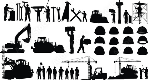 Construction silhouette set with workers, vehicles, tools, helmets, cranes, and equipment in black for labor, safety, and engineering themes