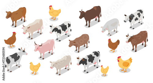 Isometric farm animals collection featuring cows and chickens