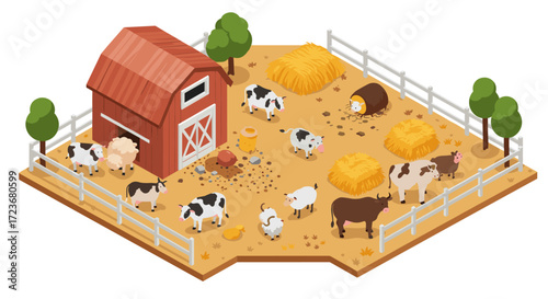 Isometric farm scene with cows and barn in autumn landscape