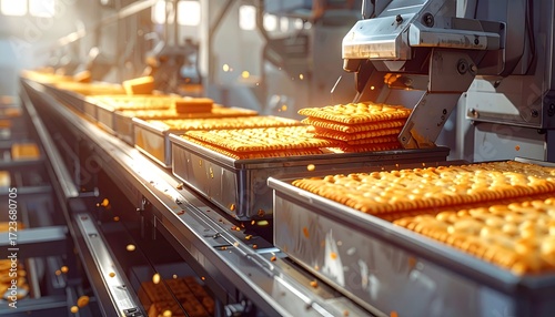 Close-up perspective depicts a food processing factory line, showcasing a steady flow of golden baked crackers being packaged