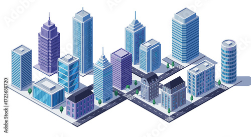 Isometric urban landscape with modern skyscrapers and road network
