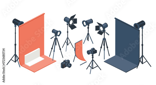 Photography studio setup with cameras, tripods, and lighting equipment in isometric style