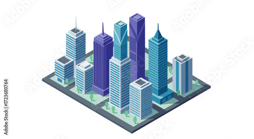 Modern isometric cityscape with skyscrapers and streets