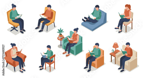 Isometric people reading books in cozy chairs, emphasizing relaxation and knowledge