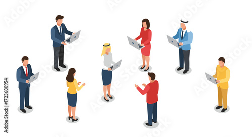 Diverse team collaboration with laptops in isometric style