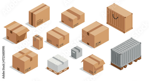Isometric cardboard boxes and cargo containers for shipping and delivery