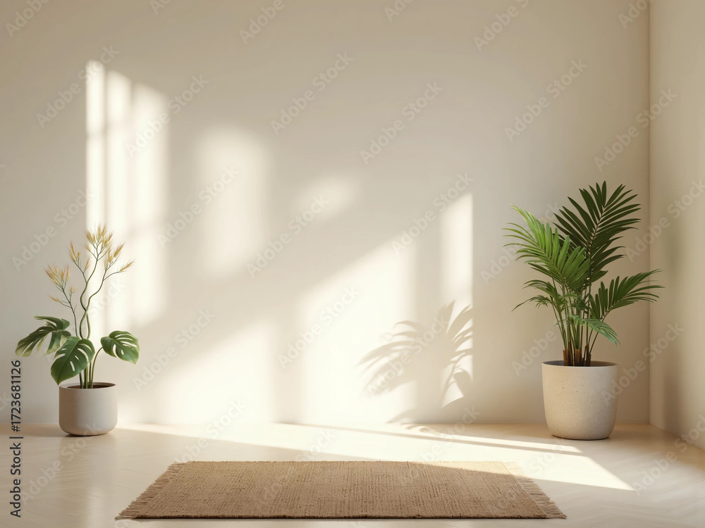 Fototapeta premium Minimalist empty room with single rug and potted plant in soft natural light symbolizing mindfulness, serenity, and tranquility