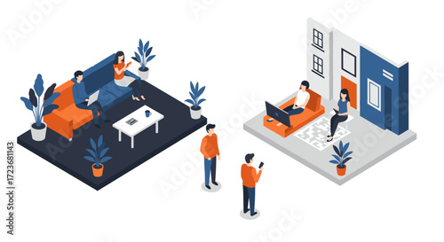 Isometric home and office interiors with people working and relaxing in modern spaces