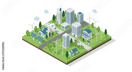Sustainable cityscape with eco-friendly buildings and wind turbines in isometric design