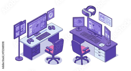 Isometric home office gaming setup with multi-screen workstations and vr headset