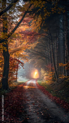 Autumn forest path with glowing light at the end and fallen leaves full hd 4k stock image download road