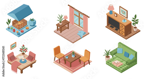 Cozy isometric room elements set featuring fireplace, furniture, and decor items