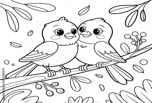 A black and white coloring page of two cute cartoon birds sitting together on a tree branch.