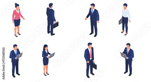 Business professionals in isometric style with laptops and briefcases on white background