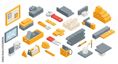 Isometric building tools and materials set for construction projects