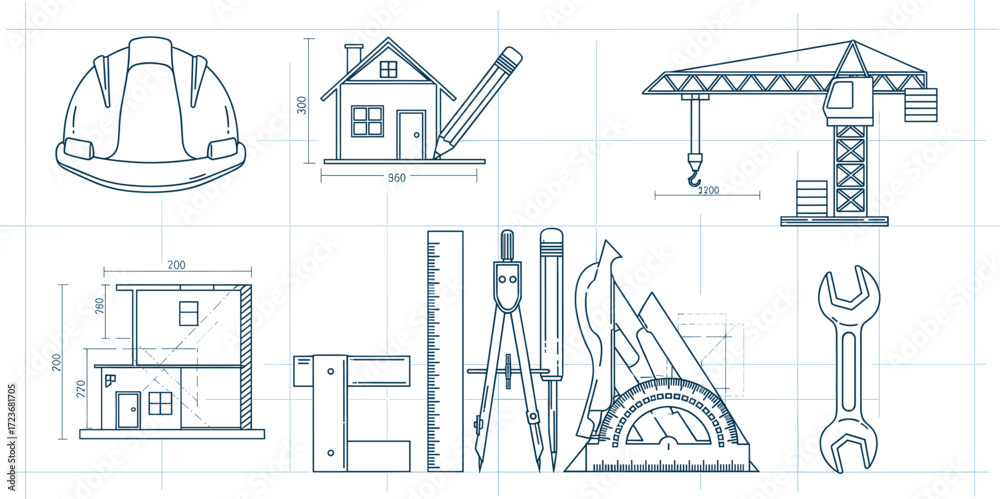 Fototapeta premium Technical illustration of engineering and architecture tools with dimensions, house plan, crane, caliper, compass, and construction equipment