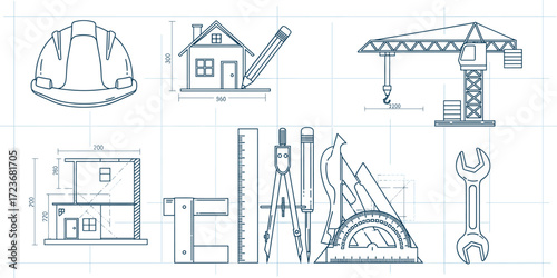 Technical illustration of engineering and architecture tools with dimensions, house plan, crane, caliper, compass, and construction equipment