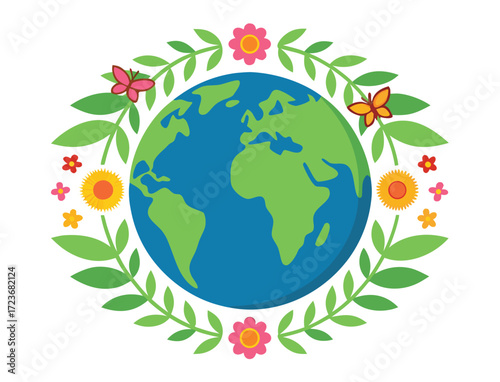 Colorful Earth globe surrounded by floral decoration design for environmental concept