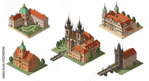 Isometric european landmark architecture featuring historic buildings and iconic landmarks