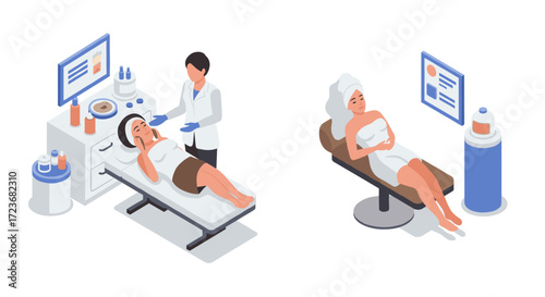 Isometric spa treatment scenes: relaxation and skincare in modern wellness center