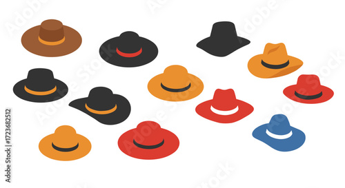 Colorful isometric hat collection on white background