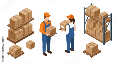Warehouse workers handling packages in an isometric storage environment